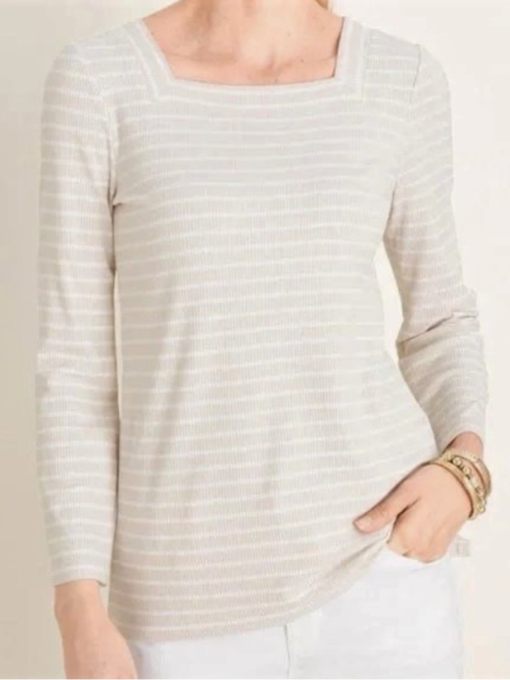 Chico’s Striped Square Neck Ribbed Knit Long Sleeve Top XL